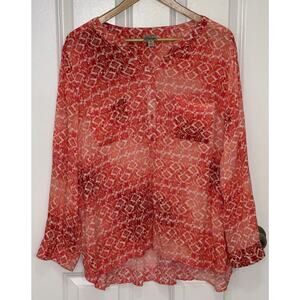 Como Vintage Women’s Popover Blouse V-Neck 1/2 Button Up Roll Tab 3/4 Sleeves 2X